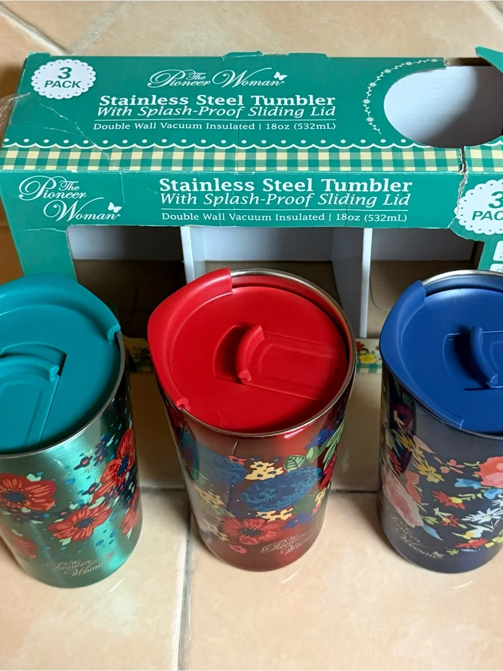 NIB The Pioneer Woman Turquoise & Navy Floral Stainless Steel Tumbler 3-Pack